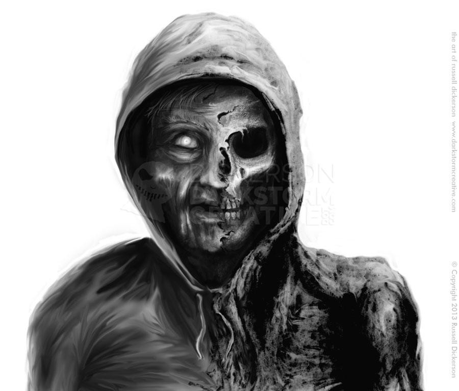 Final artwork titled Old Man Darkness, depicting a half skull, half elderly man in a hoodie, a tattoo art concept