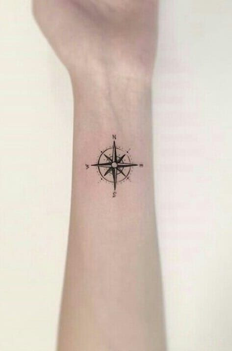 Simple small compass wrist tattoo, symbolizing direction, guidance, and adventure for women