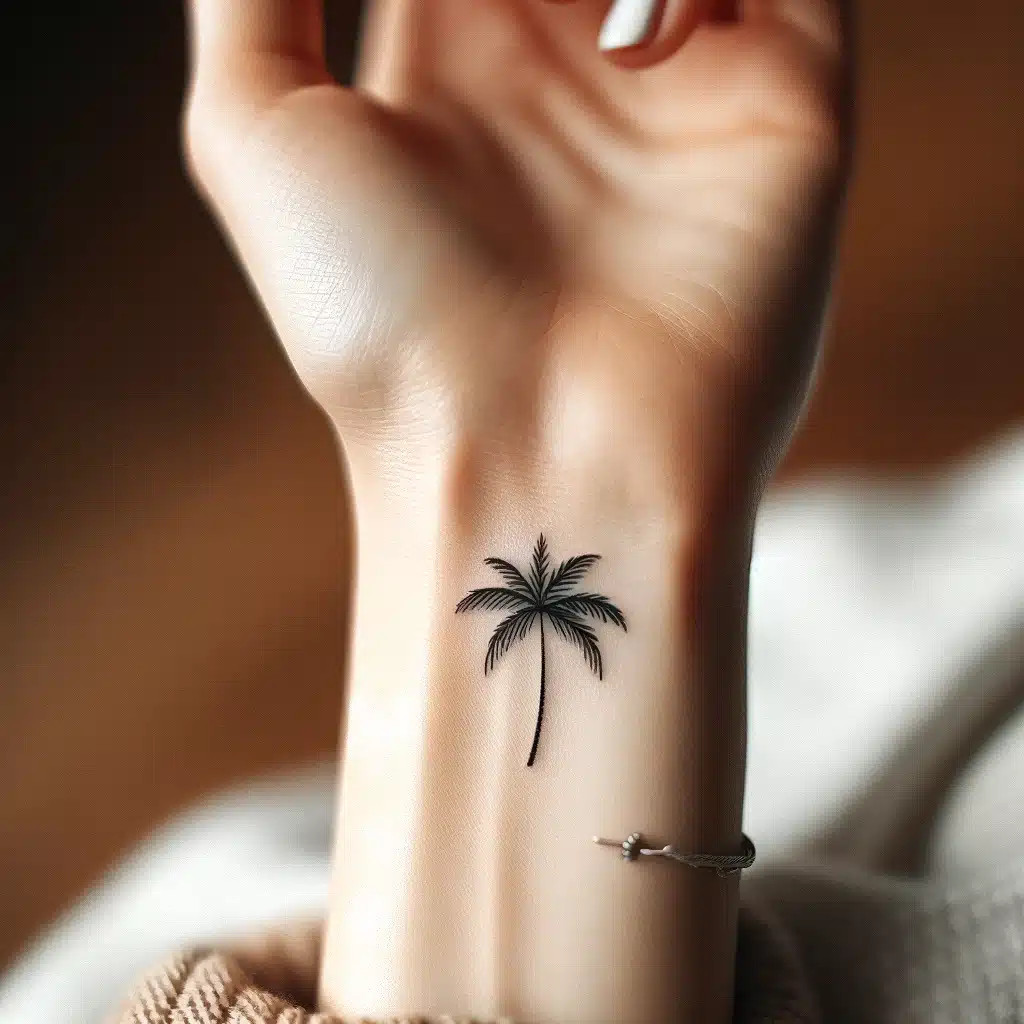 Tropical palm leaf wrist tattoo, symbolizing relaxation, nature, and tropical vibes for women