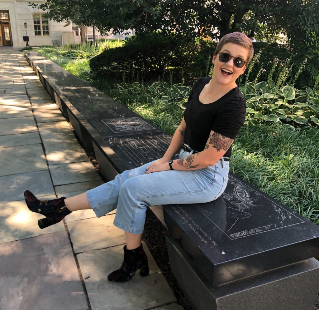 Sam sitting on a bench.