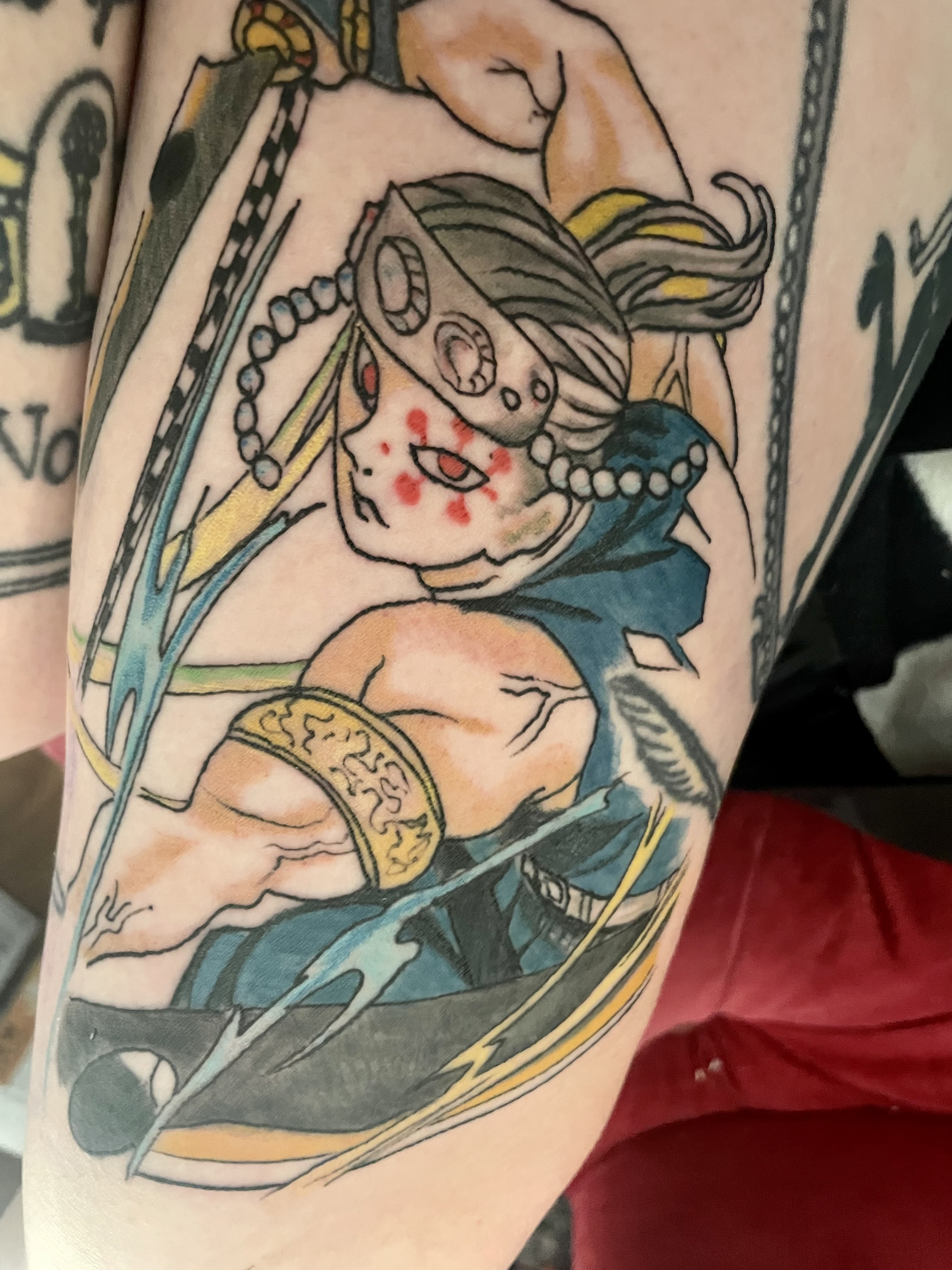 Uzui Tengen with his swords, showcasing intricate details suitable for a detailed anime tattoo.