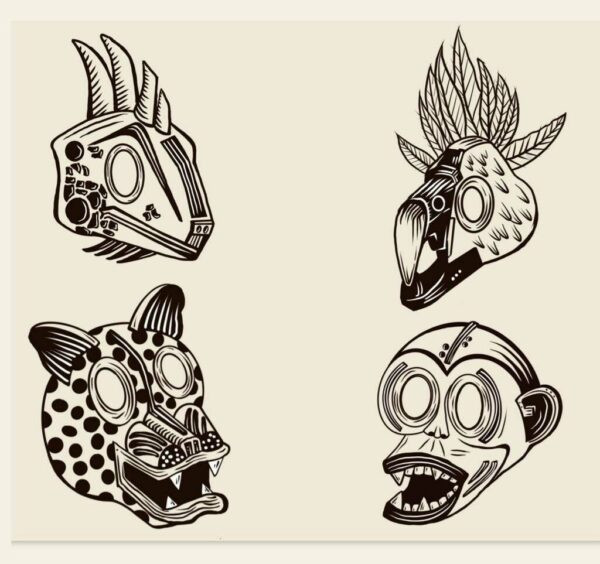 Four animal mask tattoo designs by Ben Muñoz.