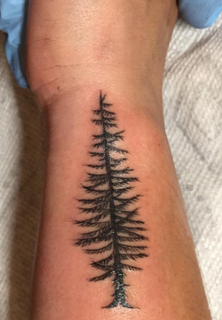 A Douglas Fir tree tattoo in black ink on a wrist.