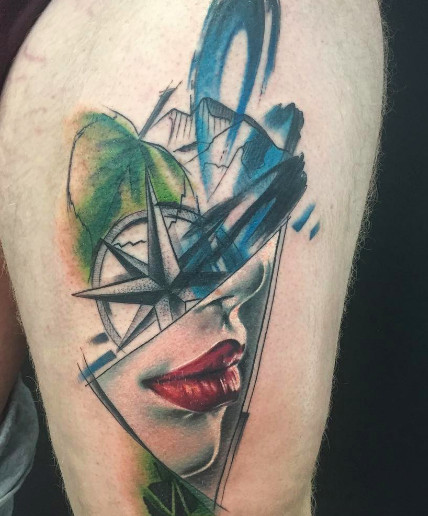 Watercolor Lips Thigh Tattoo