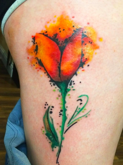 Orange Tulip Thigh Tattoo