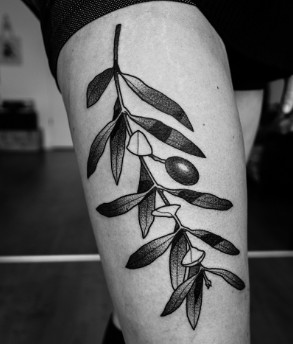 Olive Branch Thigh Tattoo