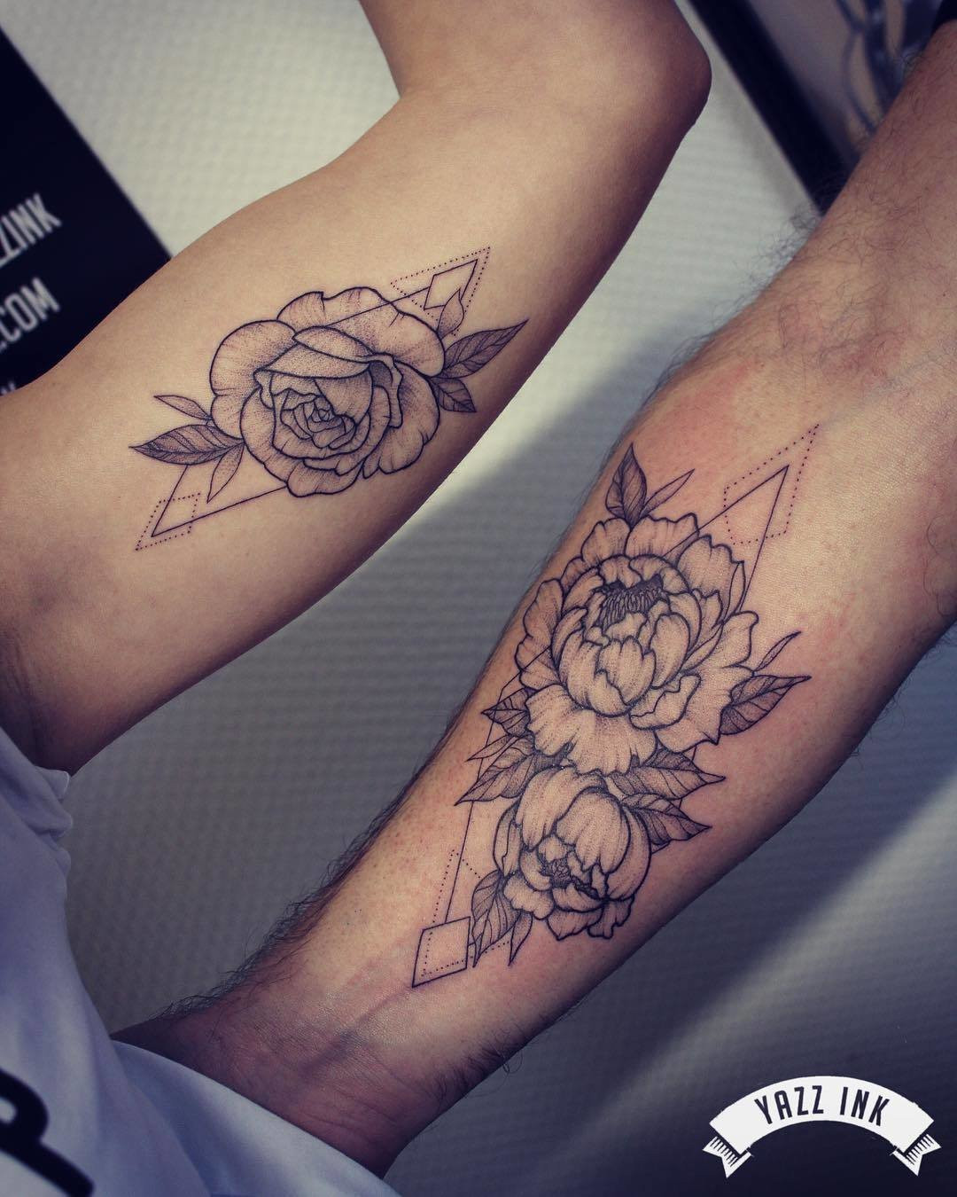 Father and daughter showcasing forearm tattoos of geometric floral designs, a modern and visually appealing combination of shapes and nature-inspired elements.