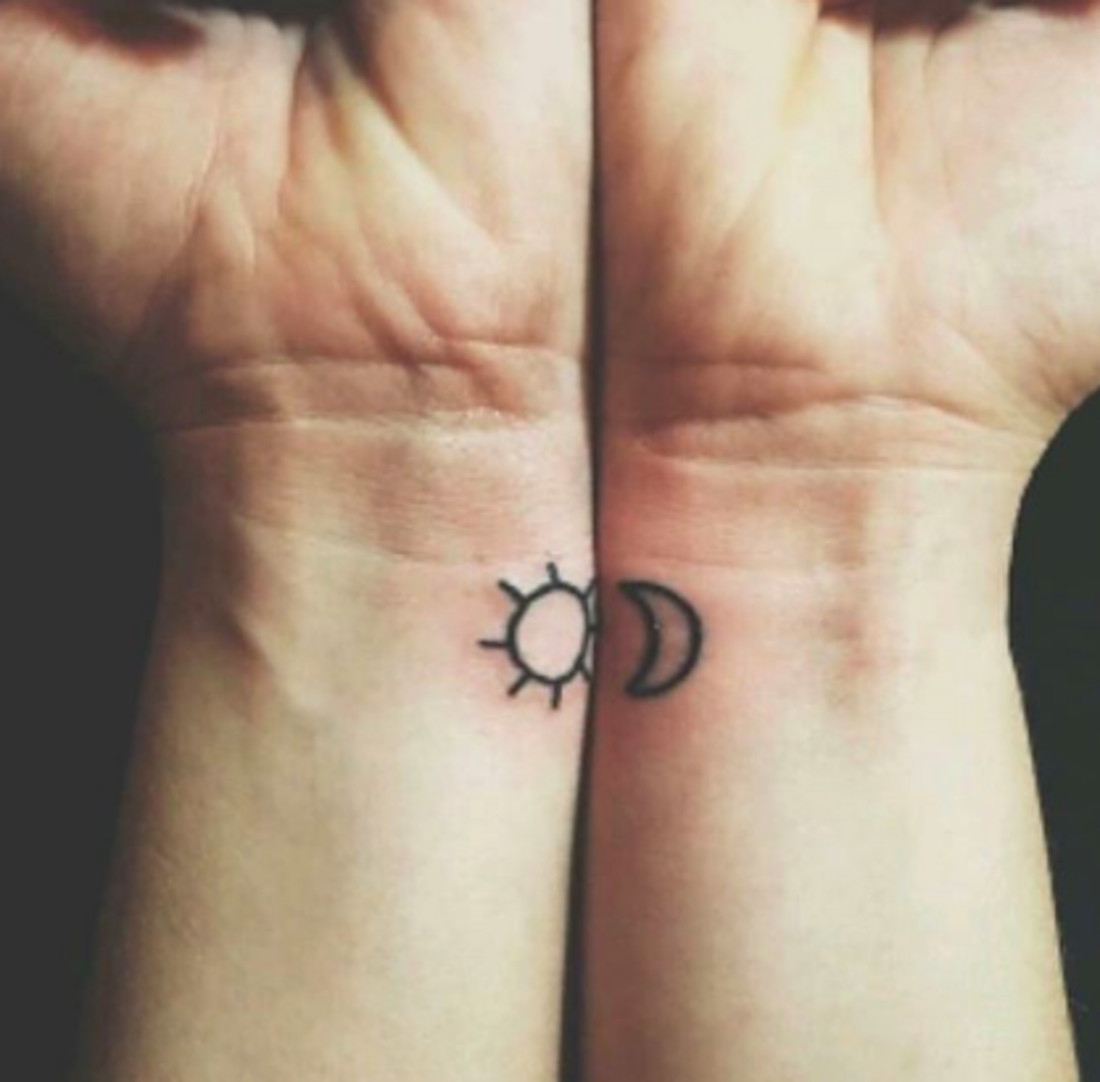 Sun and moon best friend tattoos, symbolizing opposite yet complementary personalities