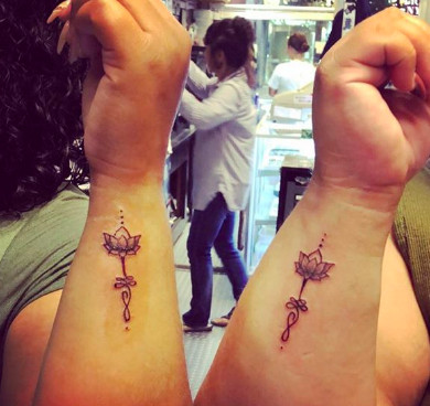 Lotus and Unalome friendship tattoos