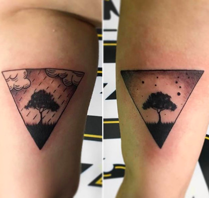 Matching weather symbol tattoos, like sun and rain, representing different personalities that harmonize