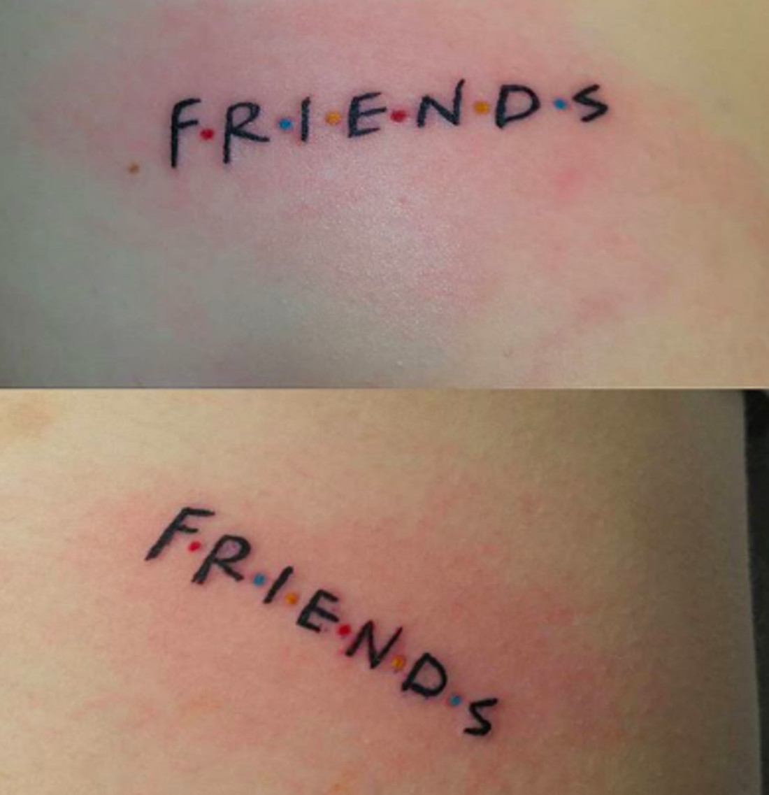 Word &quot;Friends&quot; tattoos, directly referencing the TV show and the theme of supportive friendship