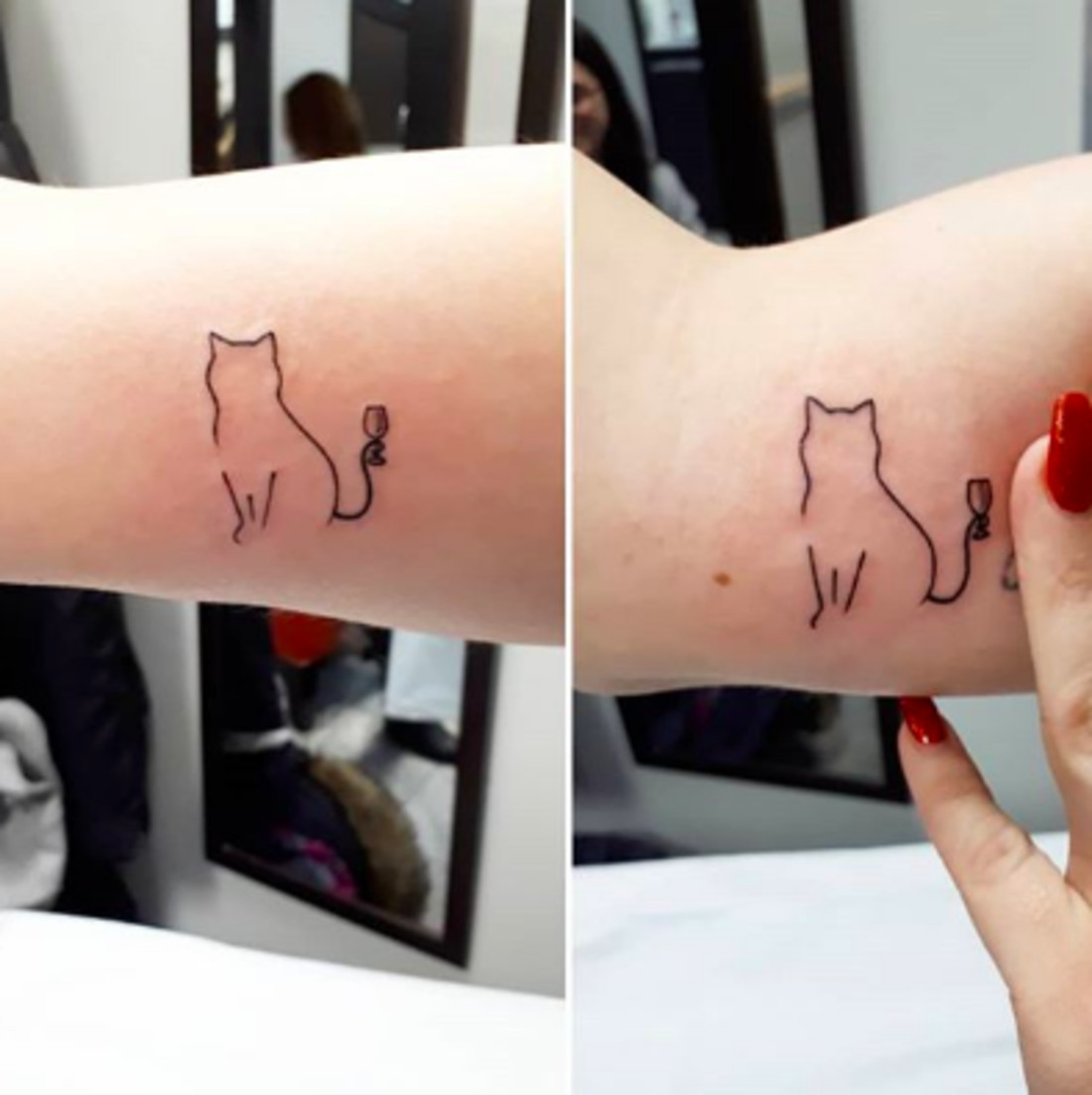 Minimalist cat outline tattoos, representing shared love for cats and delicate friendship