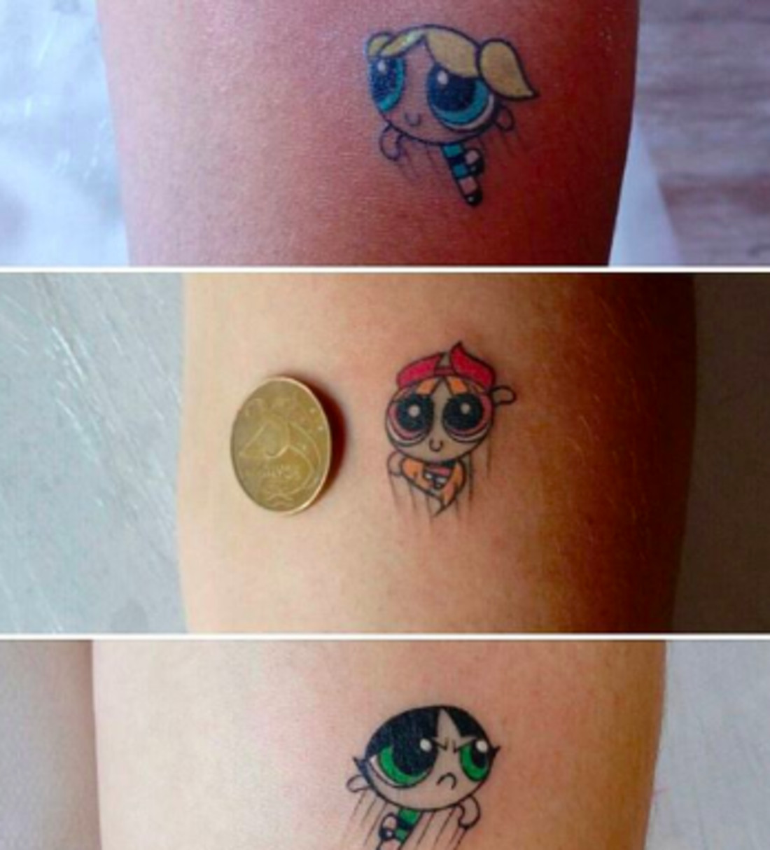 Powerpuff Girls cartoon character tattoos, representing fun, childhood nostalgia, and girl power friendship