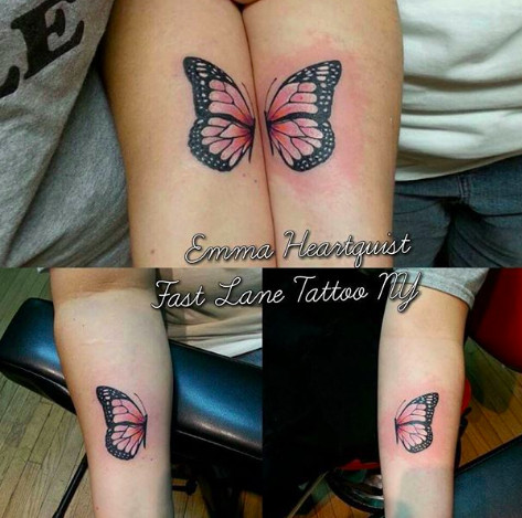 Butterfly wing tattoos that combine to form a whole butterfly, representing transformation and complementary friendship