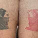 Characters from "Portrait of a Lady on Fire" tattooed on thighs, representing queer longing and film tribute.