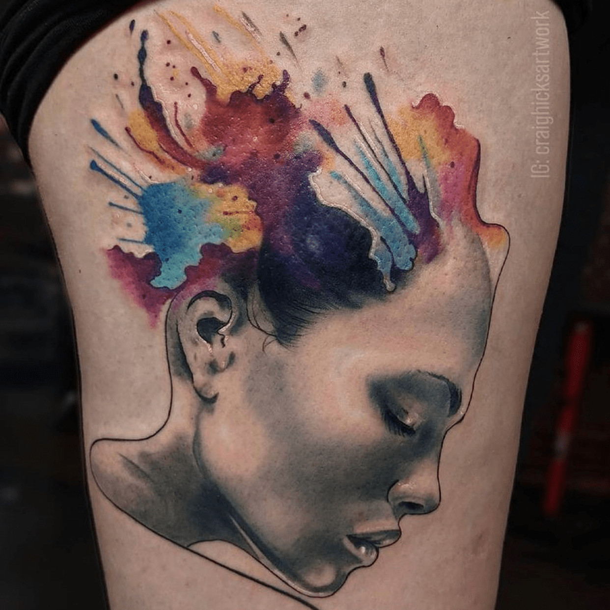 Artistic combination tattoo incorporating nature, colors, and abstract shapes, a unique representation of autism.