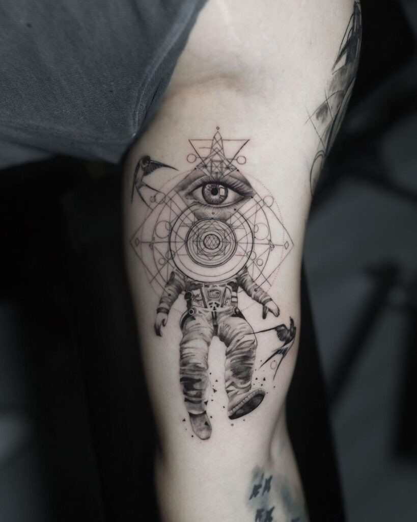 Colorful and vibrant eye tattoo on a person's thigh, blending realism with artistic flair, symbolizing a vivid and perceptive outlook on life.