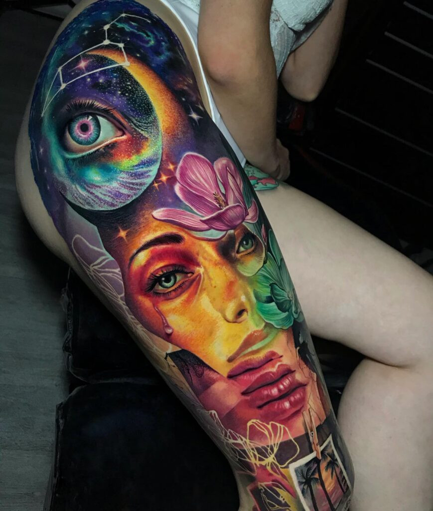 Eye tattoo integrated into a larger cosmic scene on a person's arm, featuring planets and stars, symbolizing universal awareness and cosmic observation.