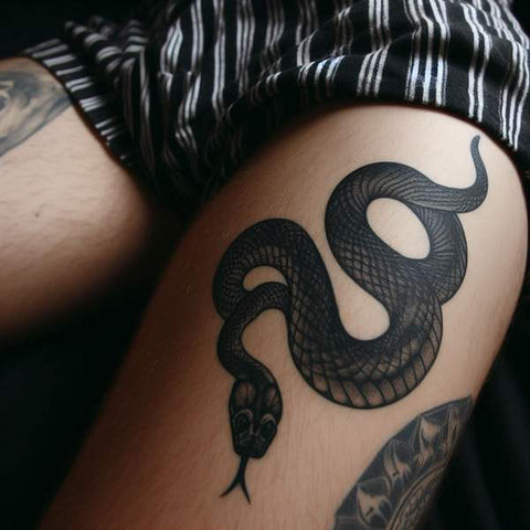 Simple black ink inside thigh tattoo design for men.