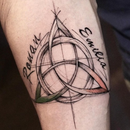 Two irish tattoos on men, one on the forearm with a Celtic cross and knot and another on the arm with a minimalist shamrock outline.