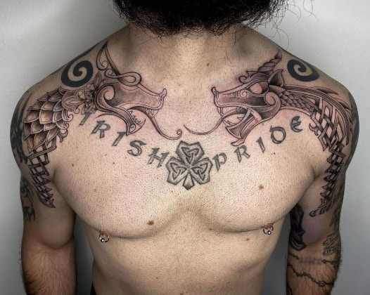 Two irish tattoos on men, one on the chest with a stylized Celtic harp and another on the shoulder with a geometric Irish knot pattern.