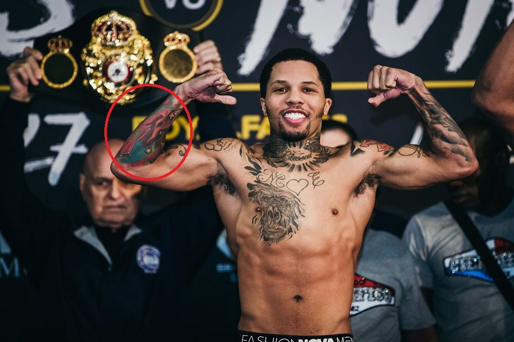 Gervonta Davis' Japanese fire tattoo, possibly symbolizing passion and intensity.