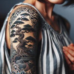 A woman showcases a Japanese-style bonsai tree tattoo on her upper arm, rendered in black and dark blue hues, embodying harmony and tranquility.