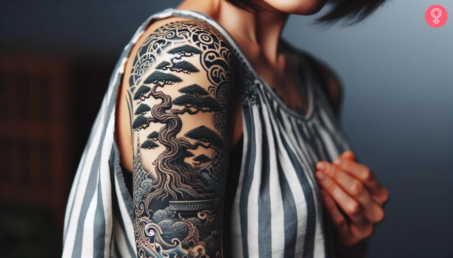 A woman showcases a Japanese-style bonsai tree tattoo on her upper arm, rendered in black and dark blue hues, embodying harmony and tranquility.