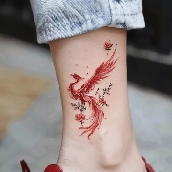 Close-up of a vibrant red phoenix ankle tattoo with floral accents, paired with rolled-up jeans and red shoes.