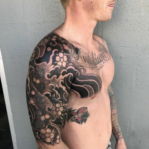 Japanese water tattoo with swirling currents and dynamic movement
