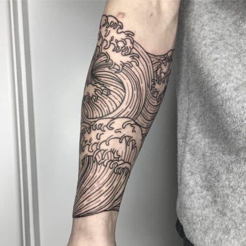 Japanese wave tattoo in traditional style with swirling blue and white water