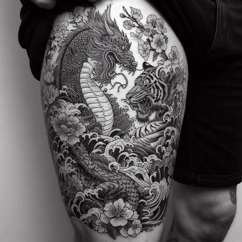 Elaborate Japanese style thigh tattoo featuring dragons and waves for men.