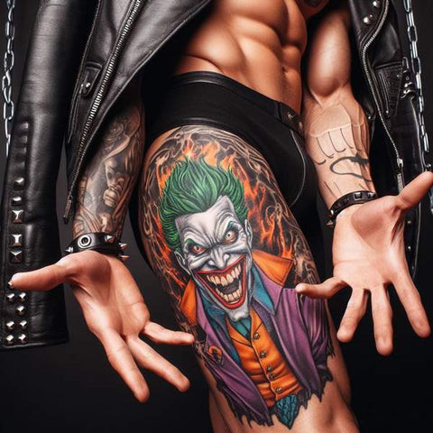 Detailed portrait of the Joker thigh tattoo for men.