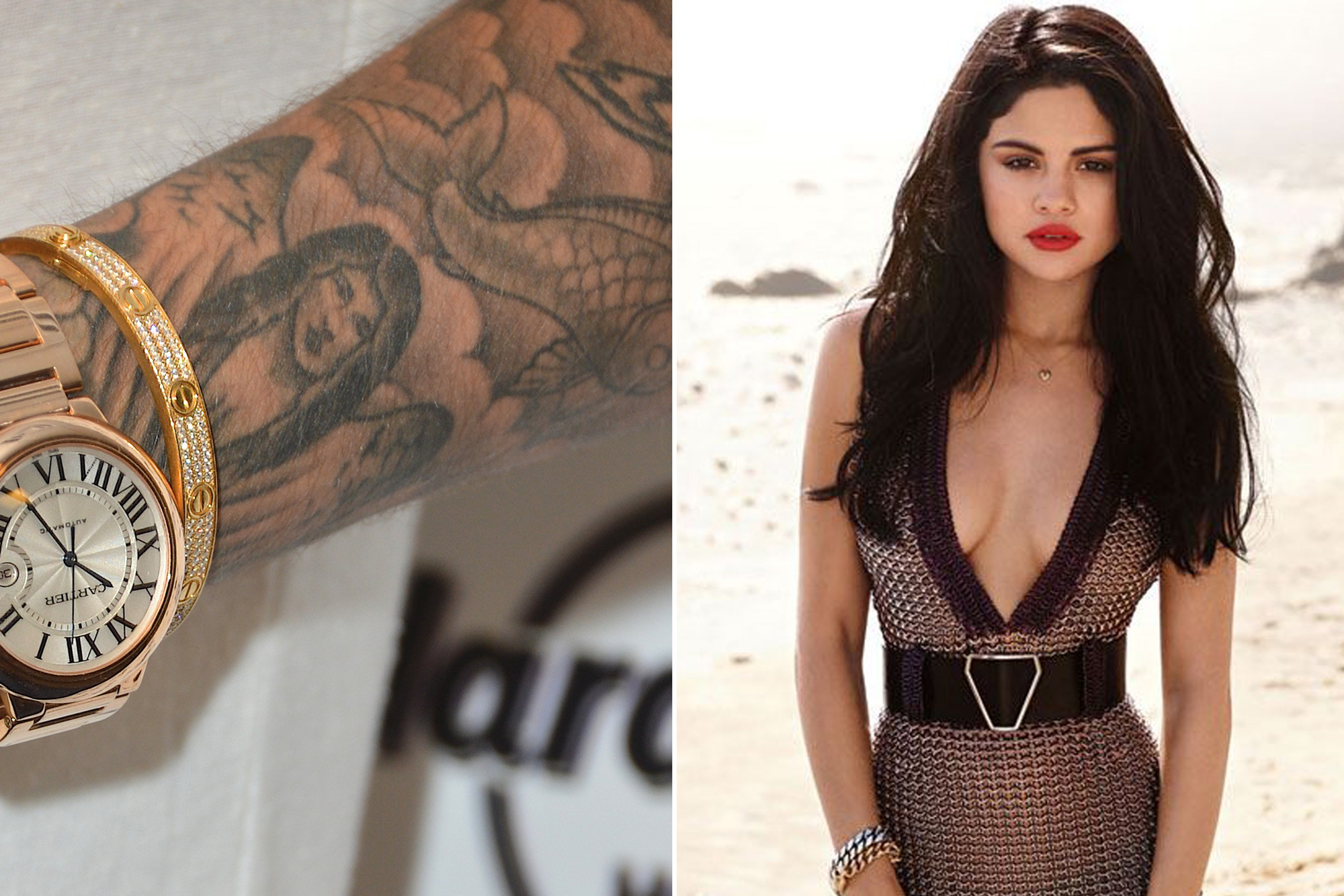 Justin Bieber Selena Gomez tattoo portrait on wrist, a controversial and adapted design.