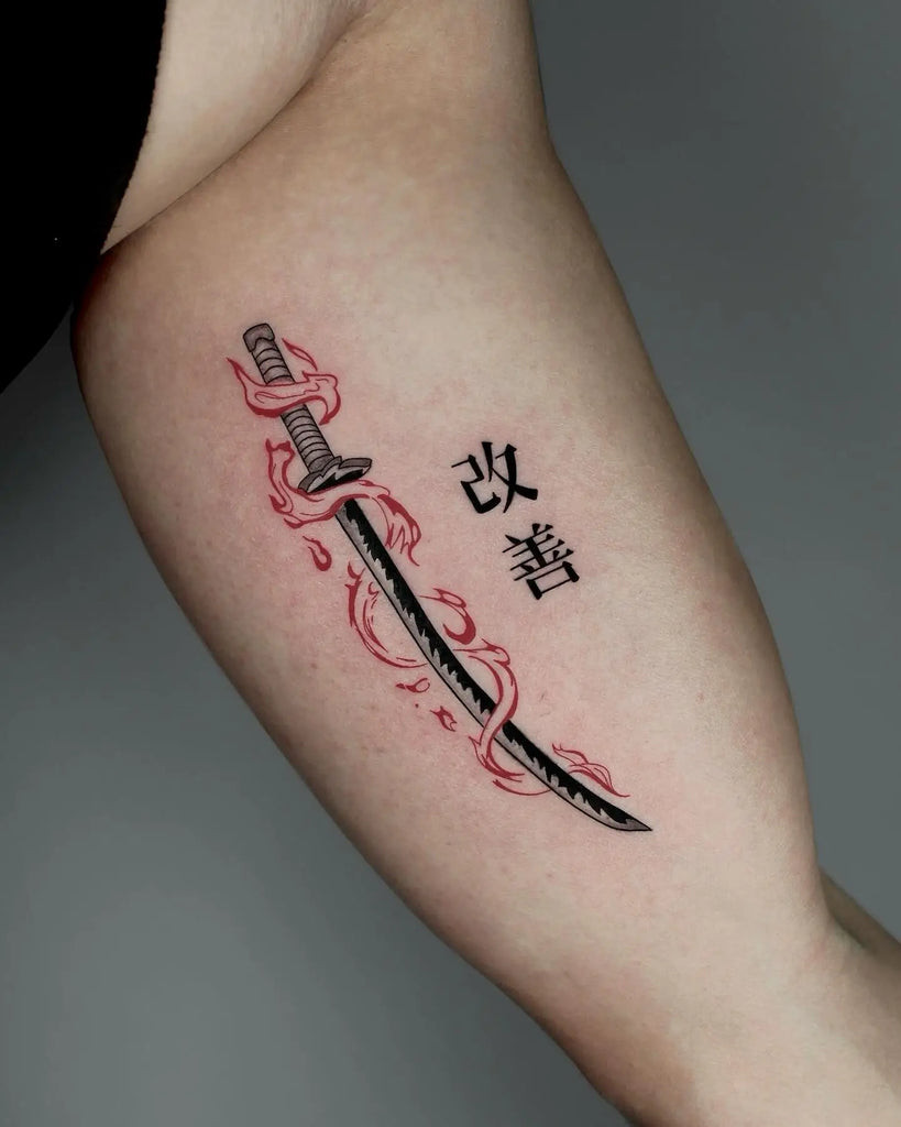 Detailed nature-inspired Kaizen tattoo with mountains and flowing water, symbolizing overcoming challenges and constant adaptation