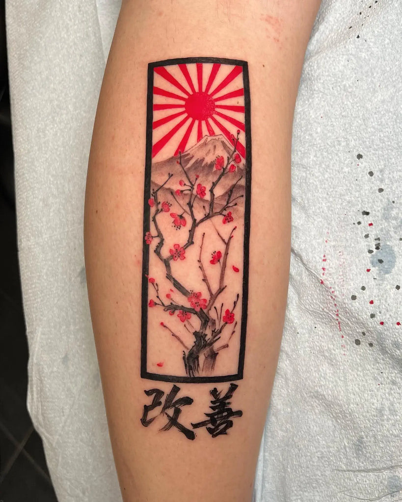 Geometric and dotwork Kaizen tattoo, combining precision and detail to represent meticulous self-refinement