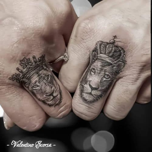 Two king and queen tattoos on men, one on the forearm with matching king and queen crowns and another on the hand with minimalist king and queen symbols.