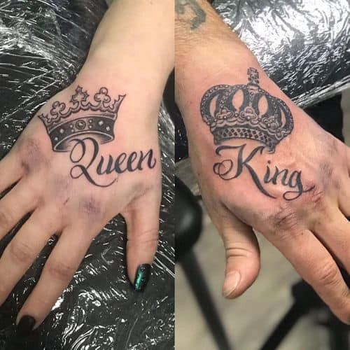 Two king and queen tattoos on men, one on the chest with stylized king and queen lions and another on the shoulder with geometric king and queen designs.