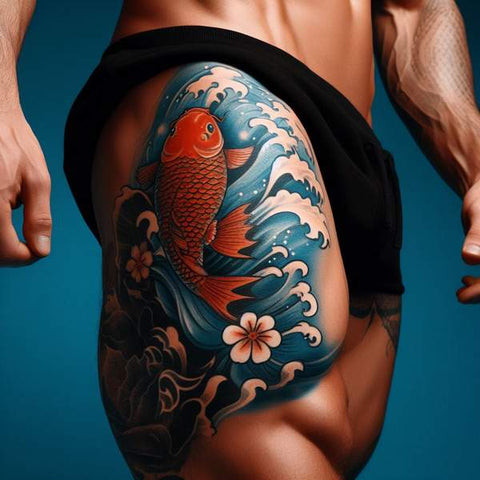 Vibrant and colorful koi fish thigh tattoo for men.