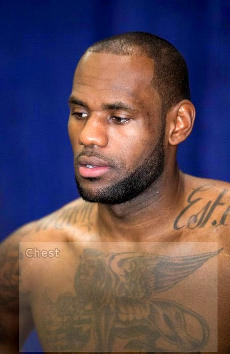 Detailed view of LeBron James' &quot;Loyalty&quot; rib cage tattoo