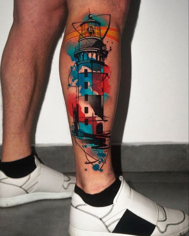 Vibrant colored leg tattoo for men with a rich palette