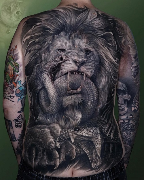 Lion Back Tattoo - Detailed Black and Grey