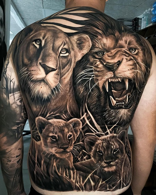 Lion Family Tattoo, lion pride with cubs, family oriented design