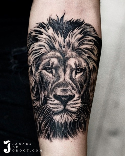 Lion Head Tattoo, realistic black and grey style, intense gaze