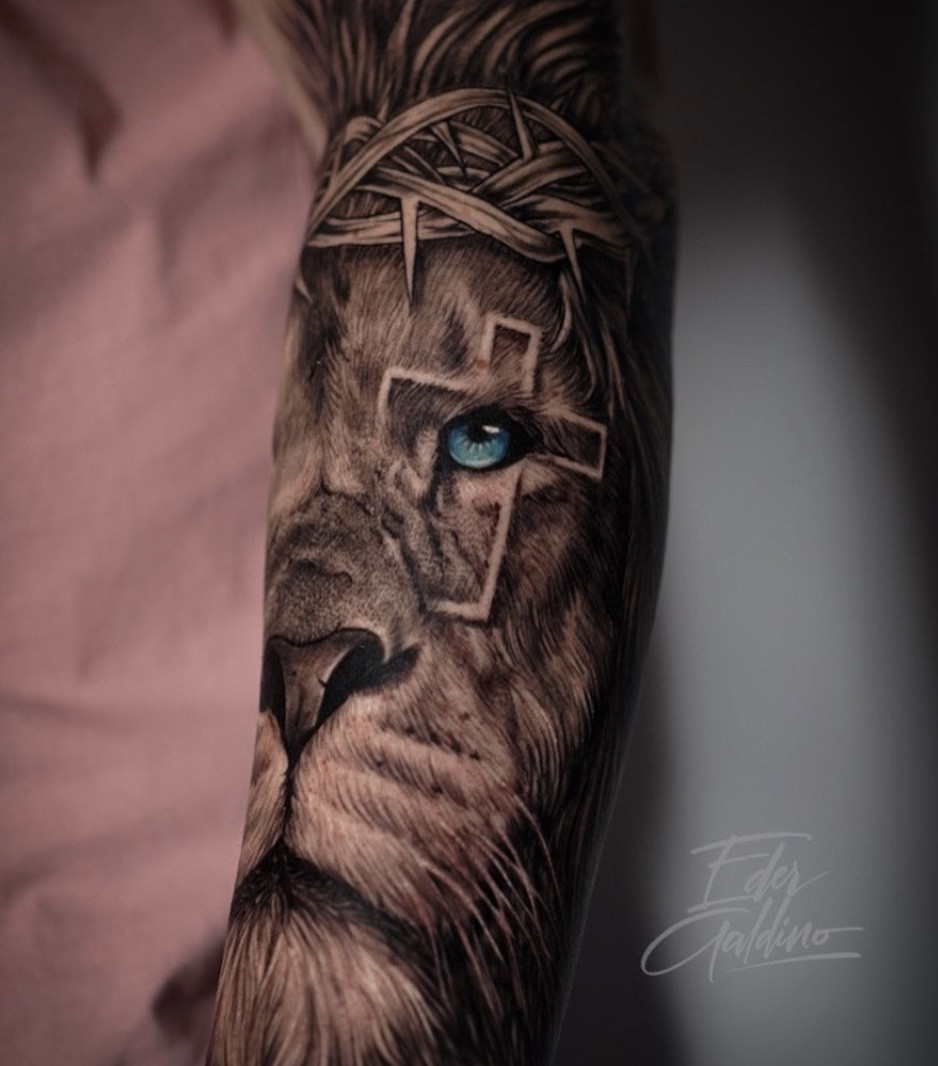 Cross and Lion Tattoo, lion combined with a cross, religious symbolism