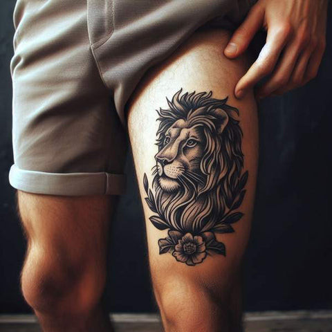 Detailed lion head thigh tattoo with crown for men.