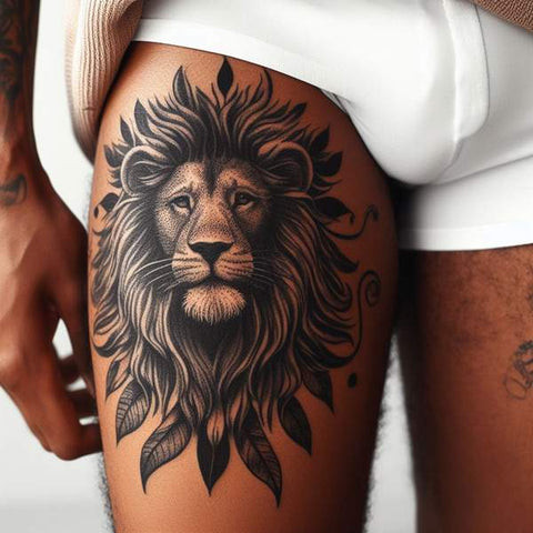 Geometric lion thigh tattoo for men.