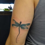 A delicate dragonfly tattoo on the wrist, showcasing fine lines and intricate wing details.