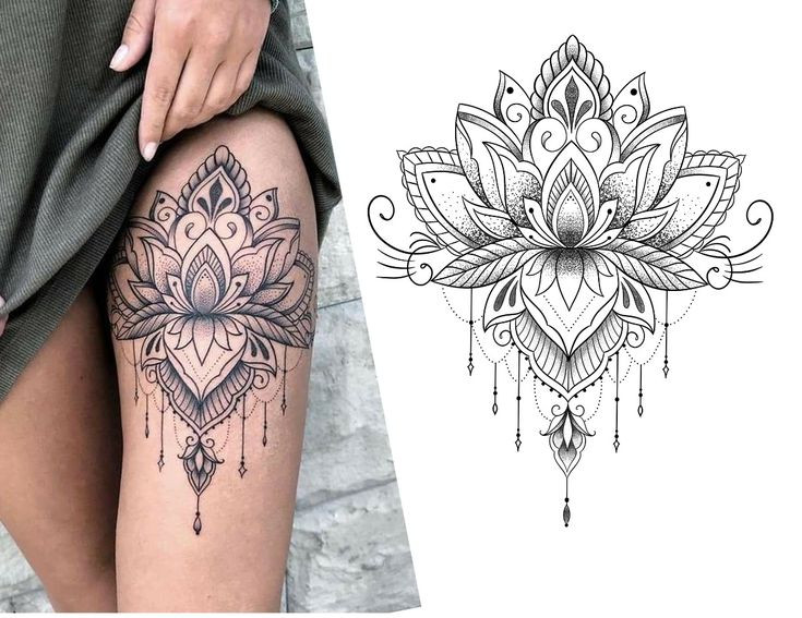 Ornate mandala thigh tattoo design with delicate patterns and intricate details on skin and paper.