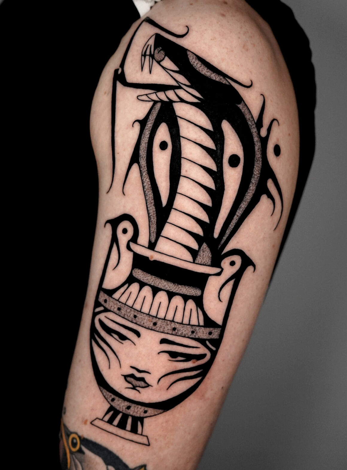 Detailed surrealism tattoo by Marco Gruschwitz, exhibiting fine lines and complex composition.